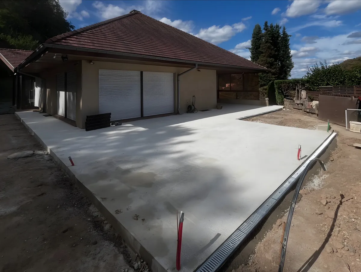 Dalle béton extérieure réalisée par J&L Entreprise le long d'une maison